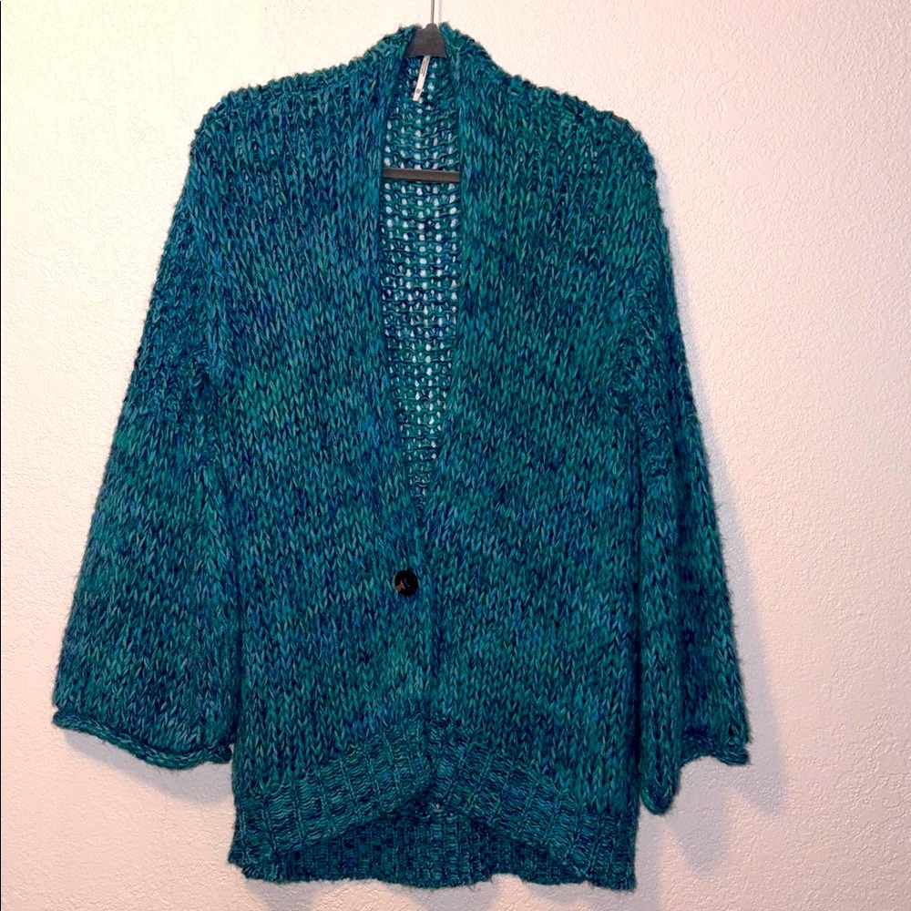 Free People Cardigan Sweater Oversized Teal Blue Green Loose Knit